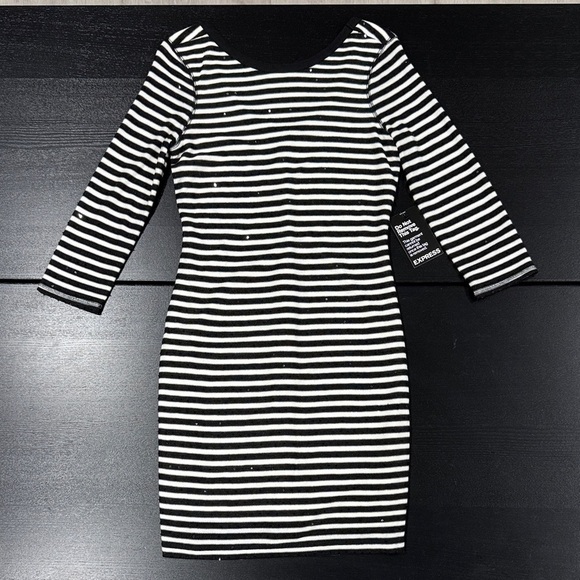 Express Black and White Striped 3/4 Sleeve Sequins Accented Mini Dress - XS - Picture 1 of 7